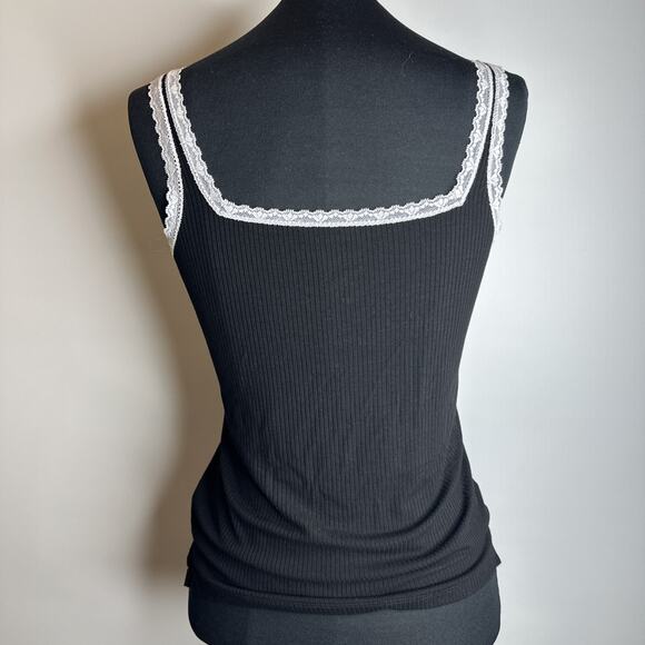 Honey Dew Fine Rib Lace Trim Tank Top Cami Square Neck Black Size S Soft Comfy - Picture 2 of 8